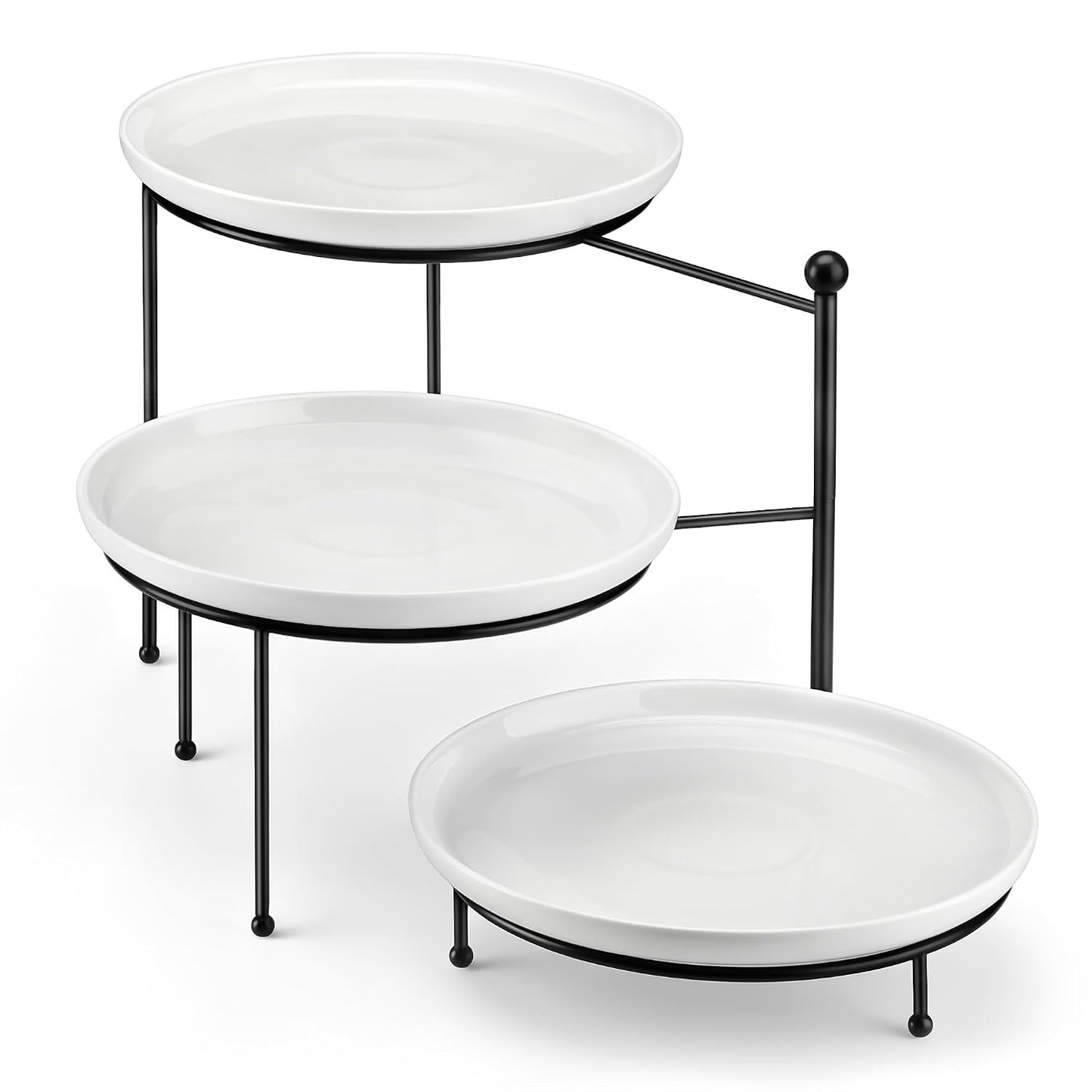 MALACASA White 3 Tier Serving Tray Stand with Black Rack, 10 Inch Porcelain Tiered Dessert Stand for Cupcakes, Cakes, Fruit & Appetizers, Ceramic Serving Platter for Party, Wedding & Tea Party
