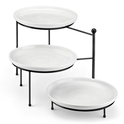 MALACASA White 3 Tier Serving Tray Stand with Black Rack, 10 Inch Porcelain Tiered Dessert Stand for Cupcakes, Cakes, Fruit & Appetizers, Ceramic Serving Platter for Party, Wedding & Tea Party