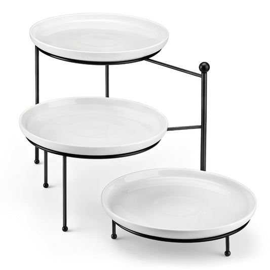 MALACASA White 3 Tier Serving Tray Stand with Black Rack, 10 Inch Porcelain Tiered Dessert Stand for Cupcakes, Cakes, Fruit & Appetizers, Ceramic Serving Platter for Party, Wedding & Tea Party