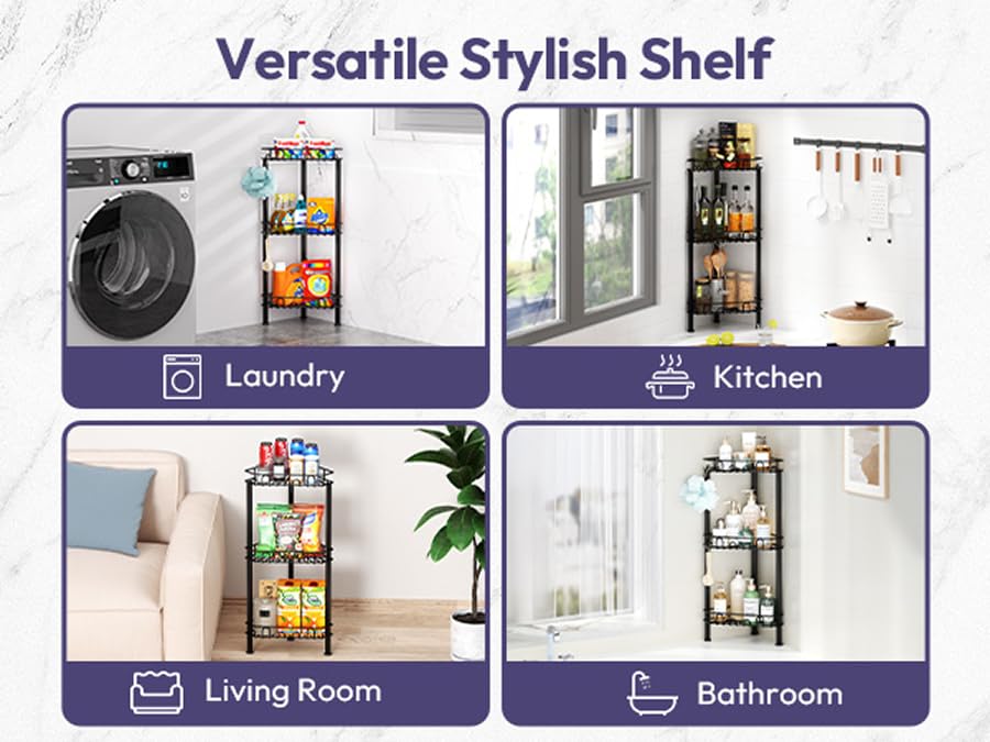 Standing Shower Caddy Corner - 3‑Tier Stainless Steel Shower Organizer Shelf with 12 Hooks and Adhesive Pads, Rustproof Corner Shelves Stand Rack for Bathroom Shower Room, Black