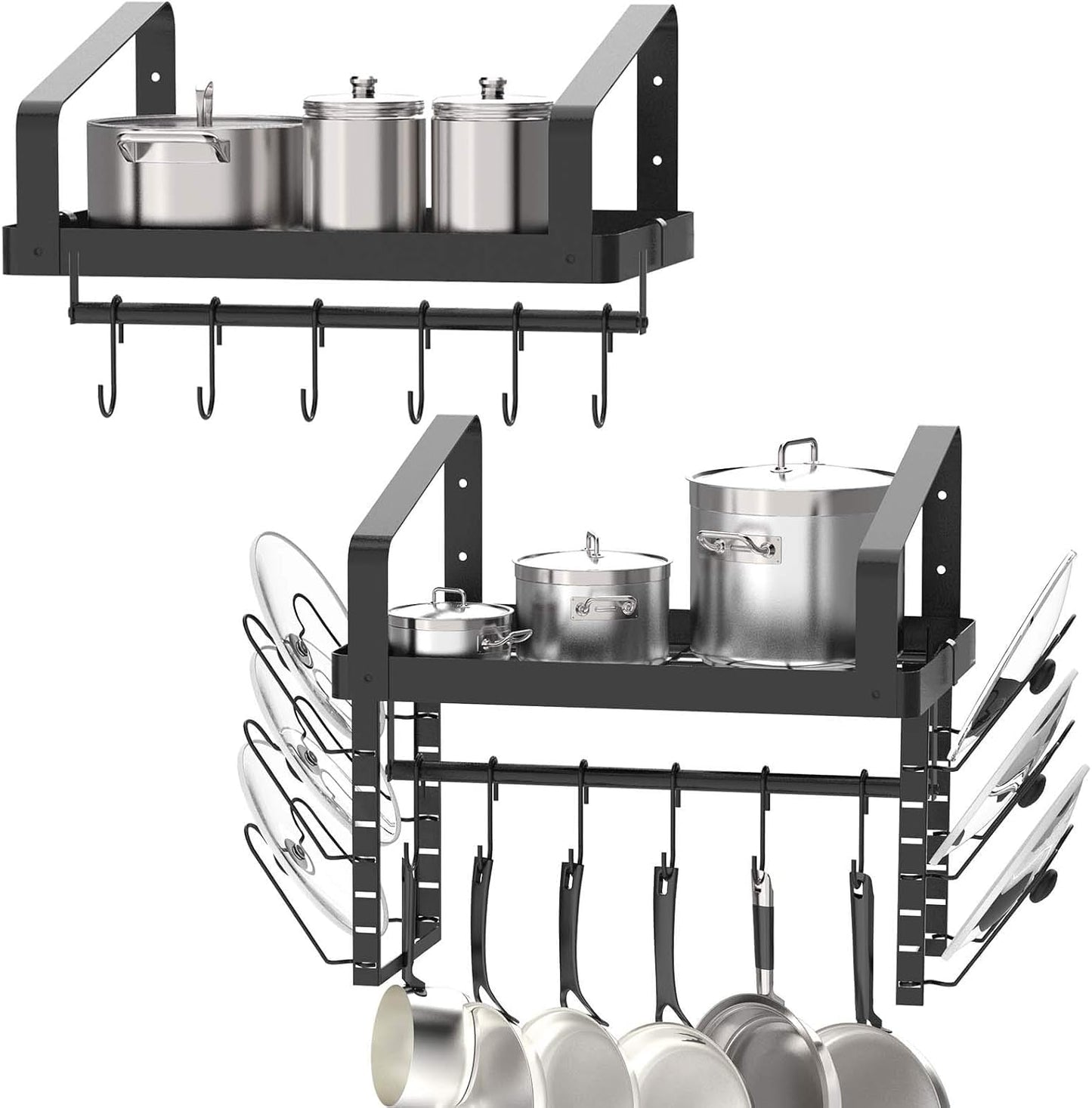X-cosrack Pot Racks Wall Mounted Set of 2,with Towel Bar and Pots Pans Lids Organizer, Kitchen Cookware Hanging Shelves with 12 Hooks, Black