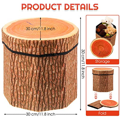 3 Pack Tree Stump Stool Toy Storage Ottoman 12 Inch,Classic | Forest Room Decor, Artificial Tree Trunk, Cute Folding Box with Foam Cushion, Woodland Collapsible Seat Chest