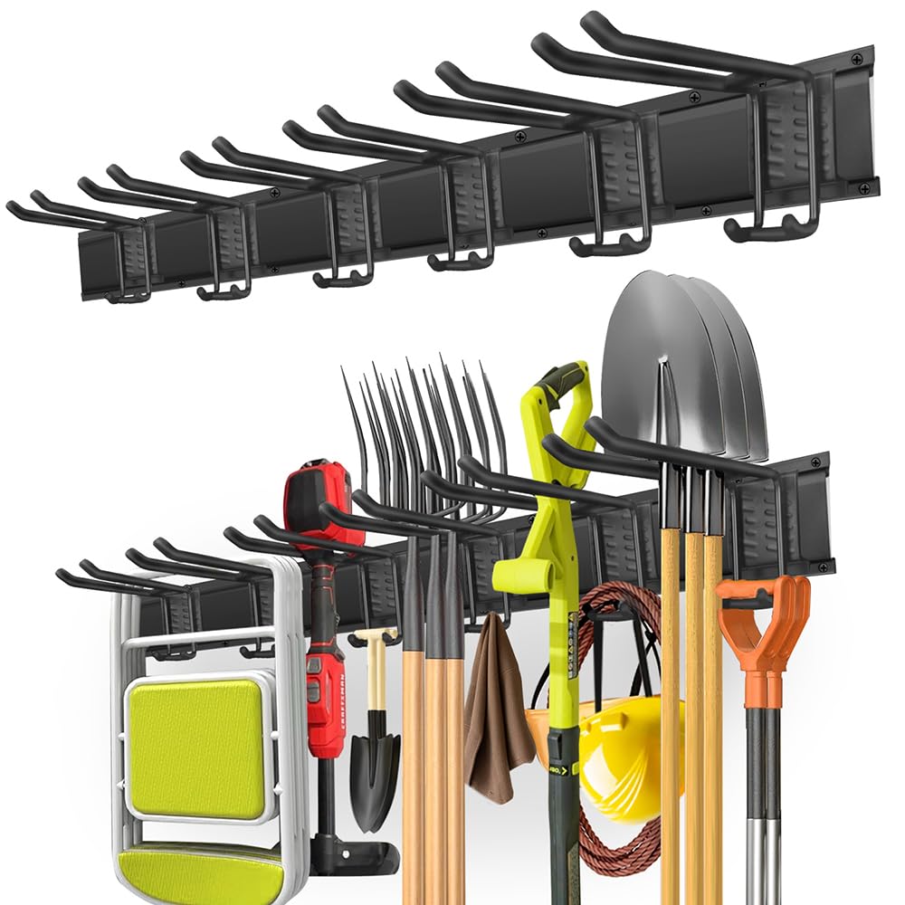 PIYILO 48 in Garage Tool Organizer Wall Mount, Adjustable Tool Storage Rack | Heavy-duty 360 LBS, Double-Layer Hooks, Wear & Tear Resistant, Soft Anti-Scratch Hook Sleeves, For Yard Tools, Shovels, Shed