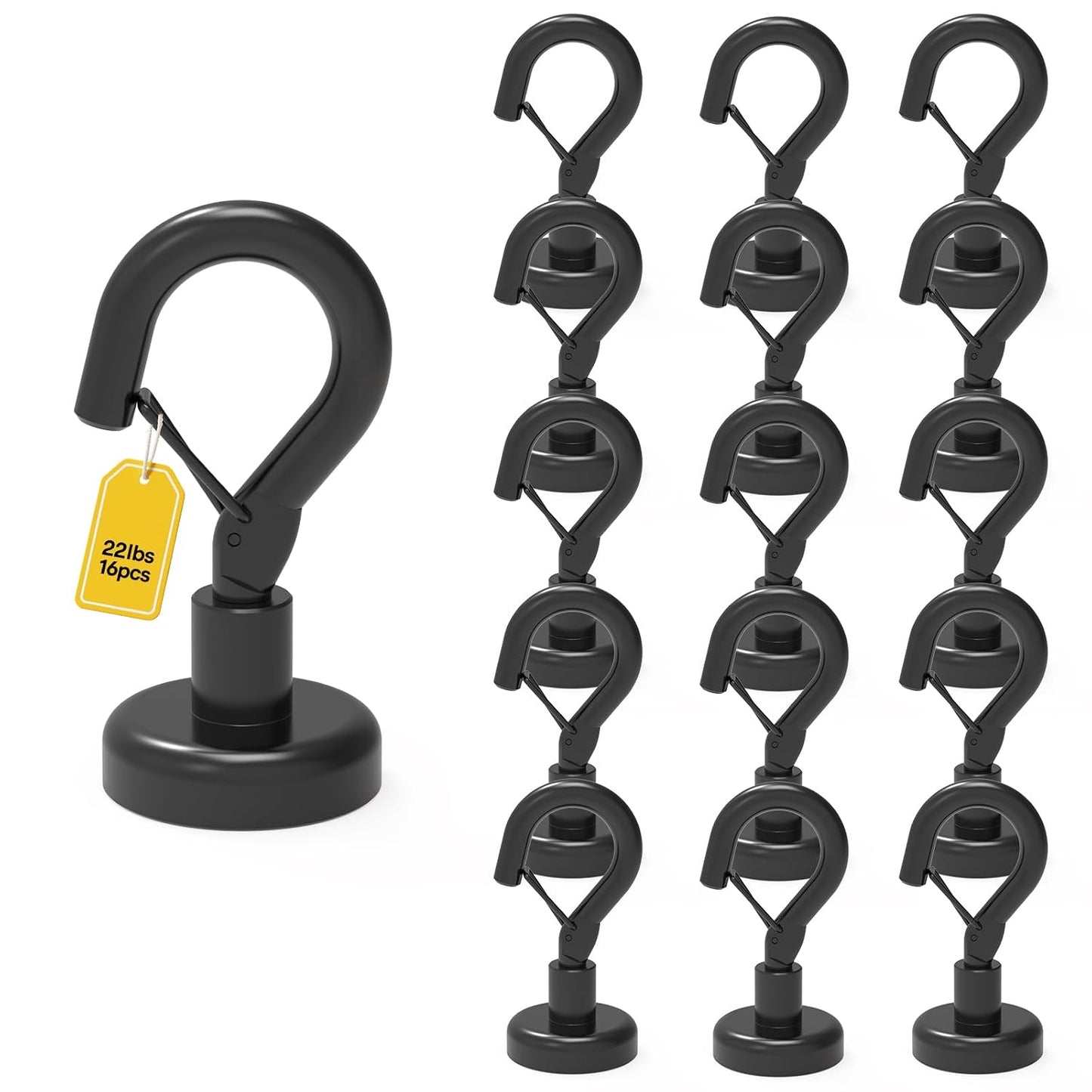 Ant Mag Magnetic Hooks Heavy Duty 22LBS Strong Magnet Snap Hooks 16 Pack | Great Hanging for Refrigerator, Cruise Cabin, Grill, Wreath, Kitchen, Office, No Drilling Secure Hold Black