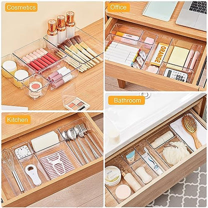 SMARTAKE 13-Piece Drawer Organizers with Non-Slip Silicone Pads, 5-Size | Clear Desk Bathroom Drawer Organizer Trays Storage Tray for Makeup, Jewelry, Utensils in Bedroom Dresser, Office and Kitchen