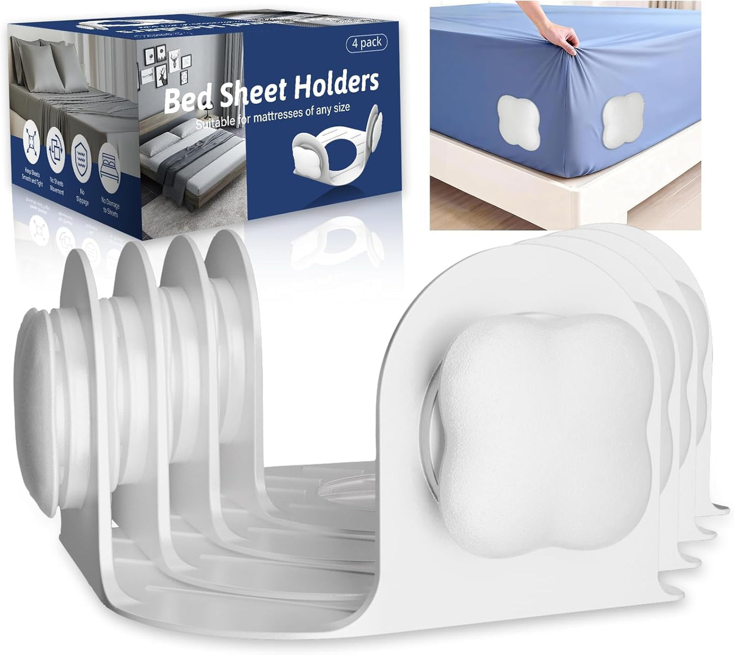 Sheet Holders 4 Pack,Bed Sheet Grippers One-Size-Fits-Most, Bed Sheet Holders for Corners Easy Installation Keeps Fitted Sheet Tight All Night(White)