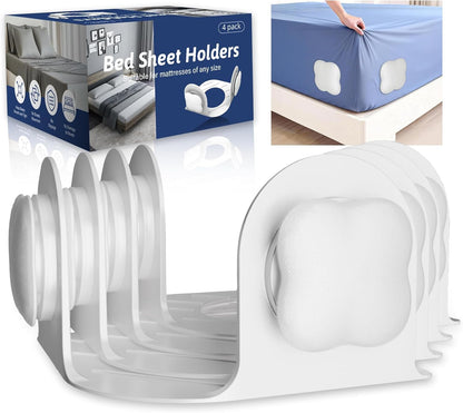 Sheet Holders 4 Pack,Bed Sheet Grippers One-Size-Fits-Most, Bed Sheet Holders for Corners Easy Installation Keeps Fitted Sheet Tight All Night(White)