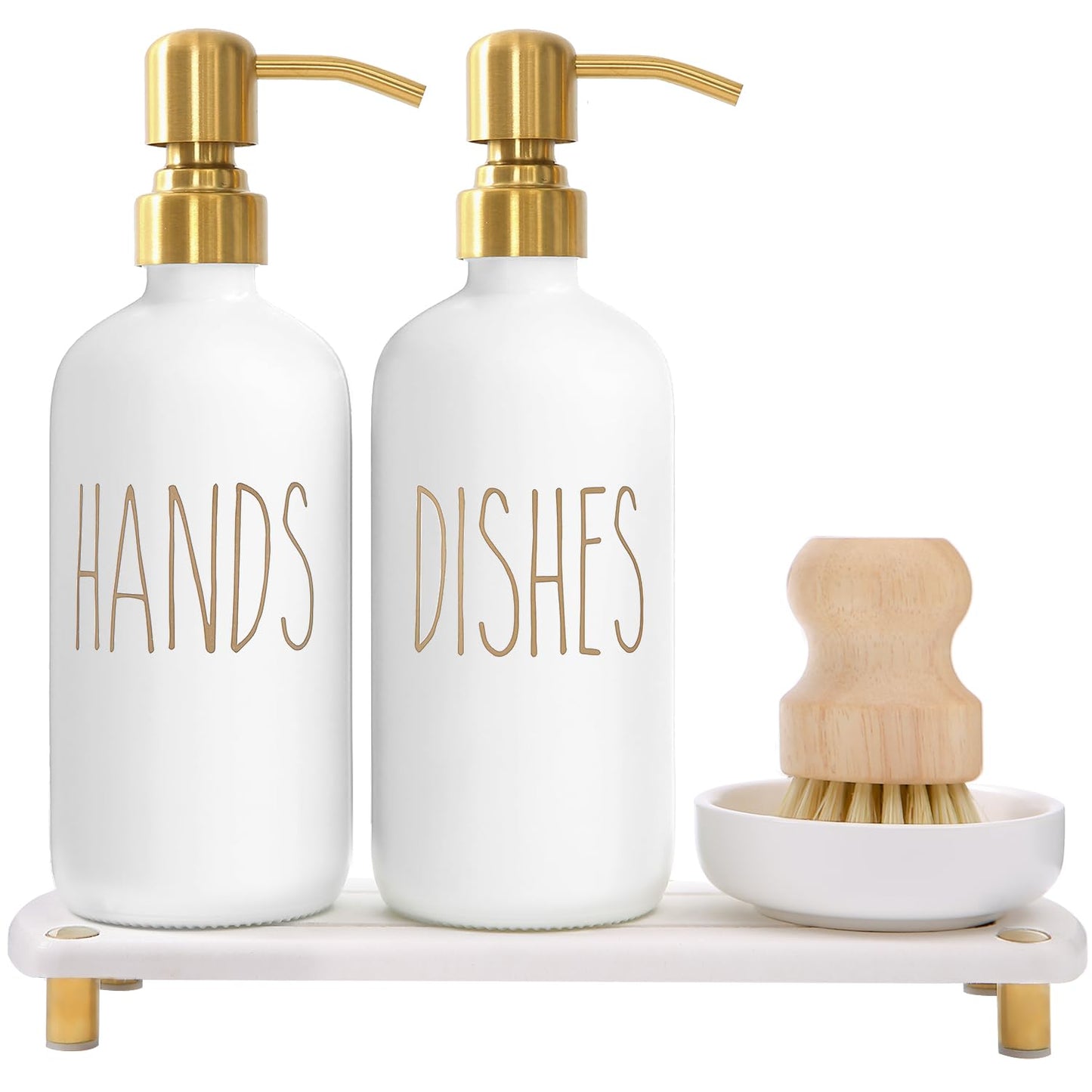 Gold Soap Dispenser Set Comes with Stainless Steel Pumps | Instant Dry Tray and Dish Scrub Brush, Suitable for Kitchen Decor and Accessories
