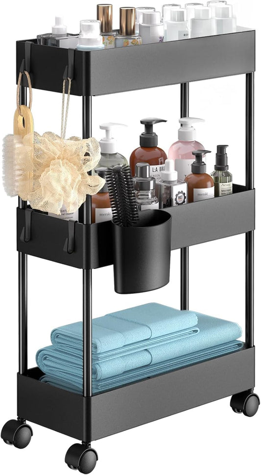 Slim Storage Cart with Wheels - 3 Tier Bathroom Or... (Black | Plastic)