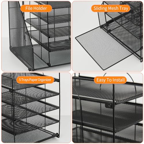 Desk Organizers and Accessories, 5-Tier Paper Letter Tray Organizer with File Holder, Desktop Organizer for Office Supplies (Black)