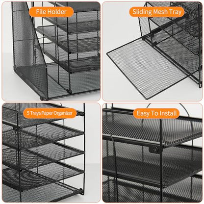 Desk Organizers and Accessories, 5-Tier Paper Letter Tray Organizer with File Holder, Desktop Organizer for Office Supplies (Black)