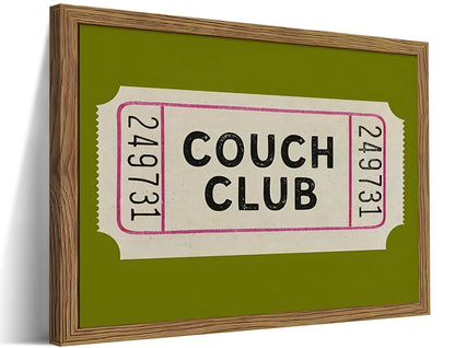 Vintage Framed Wall Art, Couch Club Ticket Canvas Wall Decor Painting, Retro Green Minimalist Quote Poster Print Picture for Living Room Bathroom Home Decor 12x16 Inch