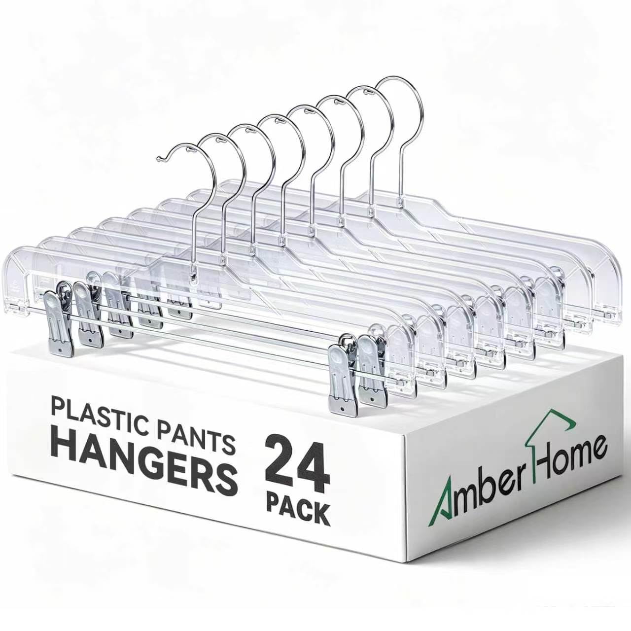 Amber Home 24 Pack Clear Plastic Pants Hangers with 2 Adjustable Clips | Non-Slip Skirt Hangers with 360 Degree Rotatable Hook, Crystal Clear Clothes Hangers for Jeans, Slacks & Shorts