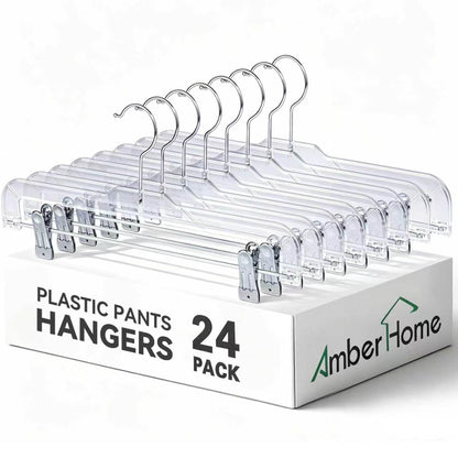 Amber Home 24 Pack Clear Plastic Pants Hangers with 2 Adjustable Clips | Non-Slip Skirt Hangers with 360 Degree Rotatable Hook, Crystal Clear Clothes Hangers for Jeans, Slacks & Shorts