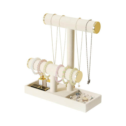 Pangkeep Jewelry Holder Stand,2 Tier Necklace Bracelet Organizer with Tray,Jewelry Displays for Selling Bangles Scrunchie Hair ties Watches and Chains (Beige)