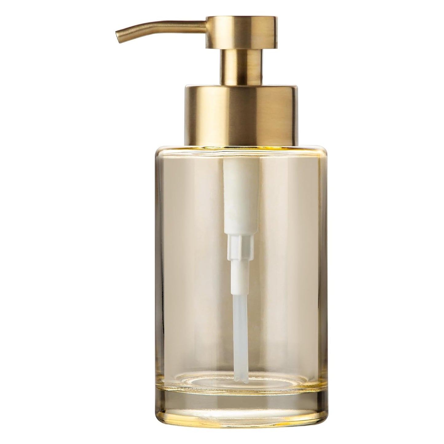 Enra Thick Glass Soap Dispenser, Gold Liquid Hand Bathroom Soap Dispenser | 12oz glass container with stainless steel pump. Refillable design with elegant style for countertops, kitchens