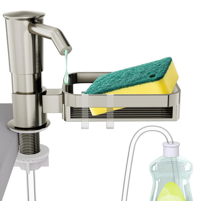 Soap Dispenser Pump for Kitchen Sink with Sponge Rack,ABS Plastic | in Counter Soap Dispenser with 39" Extension Tube Kit,Built in Dish Soap Dispensers under Sink,on Countertop,Brushed Nickel
