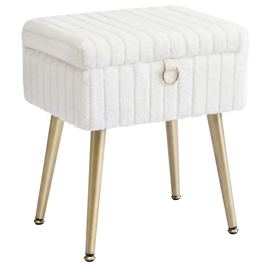 Vanity Stool Chair Faux Fur with Storage, Vanity B... (Cream White)