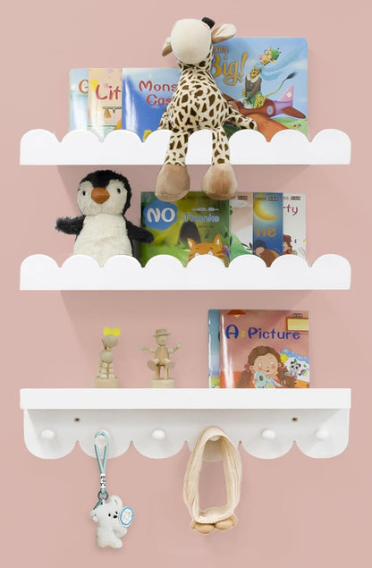 Wall Book Shelves for Bedroom Kids with Hooks - Scalloped Shelves for Nursery Set of 3, Nursery Bookshelf for Wall Room Decor, 16 Inch