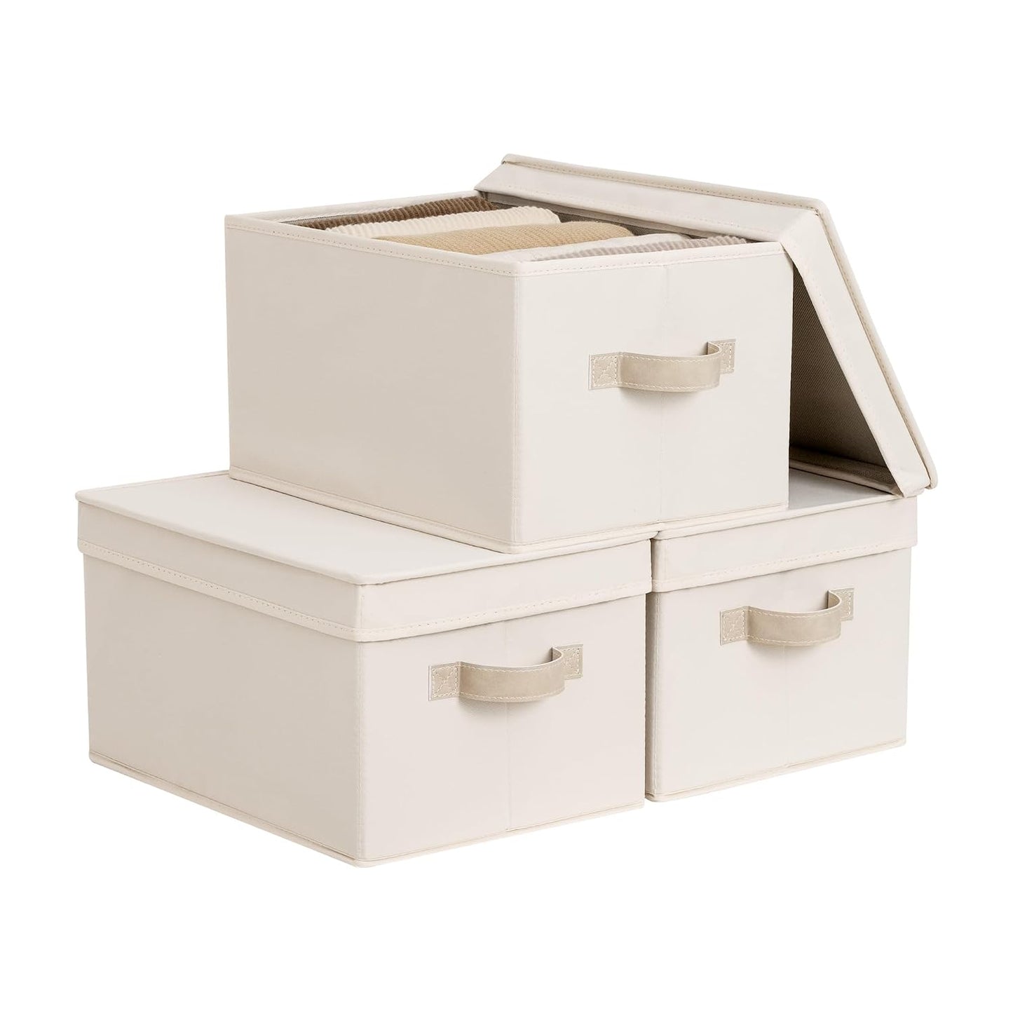StorageWorks Fabric Storage Bins with Lids, Decorative Storage Bins with PU Handles, Foldable Storage Baskets for Closet, Shelves, Stackable and Sturdy Organization, Beige(Cotton Linen), Large, 3-Pack