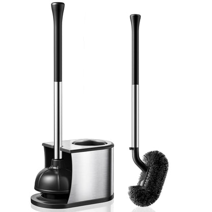 HAMITOR Toilet Plunger and Brush Set: 2 in 1 Stainless Steel Rustproof Combo with Deep Cleaning Curved Bristles - Heavy Duty Toilet Unclogging for Family Bathroom - Compact Apartment Accessories