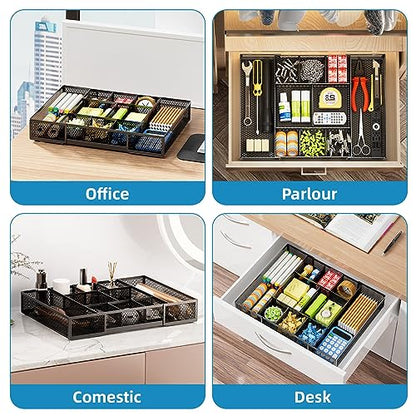 Marbrasse Expandable Desk Drawer Organizer, Mesh Drawer Organizer Tray with 10 Adjustable Compartments, Desk Organizers and Accessories, 5 Dividers Drawer for Office Supplies, Makeup & Vanity (Black)