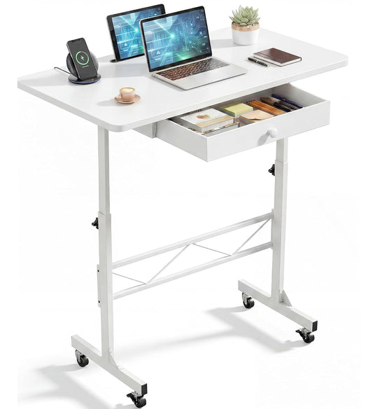 COMHOMA Small Standing Desk with Storage Drawer, Mobile Height Adjustable Rolling Sit Stand Desk with Lockable Wheels 4‑Level Portable Laptop Desk for Small Space Home Office Treadmill Workstation