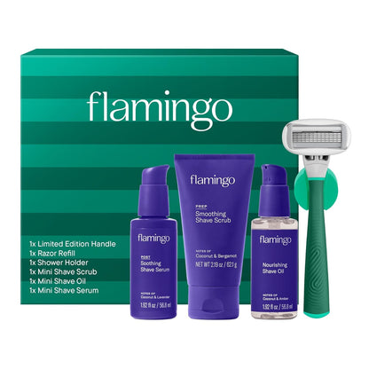 Flamingo Complete Shave Set for Women- Razor Handle, Blade Refill, Mini Smoothing Shave Scrub, Mini Nourishing Shaving Oil, Mini Soothing Shave Serum, and Shower Holder