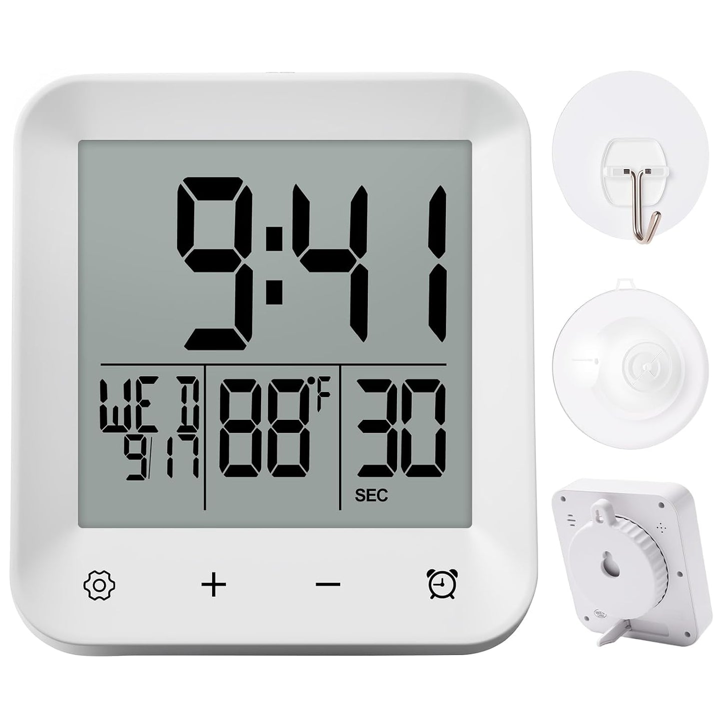 XINKORA Waterproof Shower Clock with Timer, Bathroom Wall Clock Displaying Temperature, Date & Day, Battery Operated LCD Digital Clock for Bath, Kitchen (White)