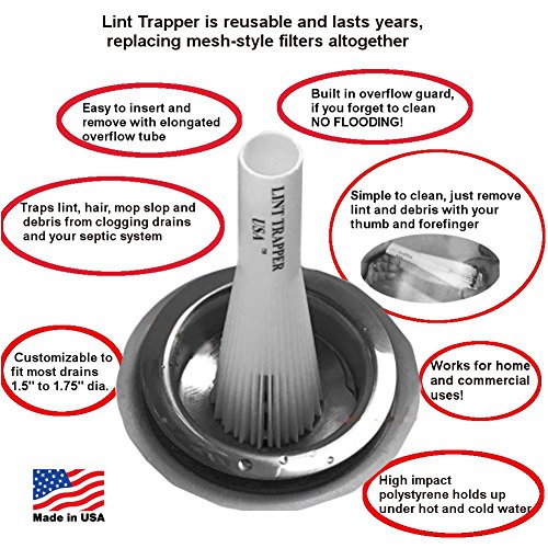 Lint Hair Trapper for filtering Washing Machine Utility Tub and Sink drains-reusable and customizable with built-in overflow guard. Traps Lint, hair and debris from drains, replaces all Mesh filters