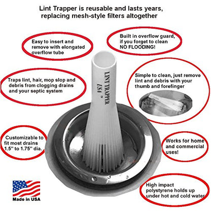 Lint Hair Trapper for filtering Washing Machine Utility Tub and Sink drains-reusable and customizable with built-in overflow guard. Traps Lint, hair and debris from drains, replaces all Mesh filters