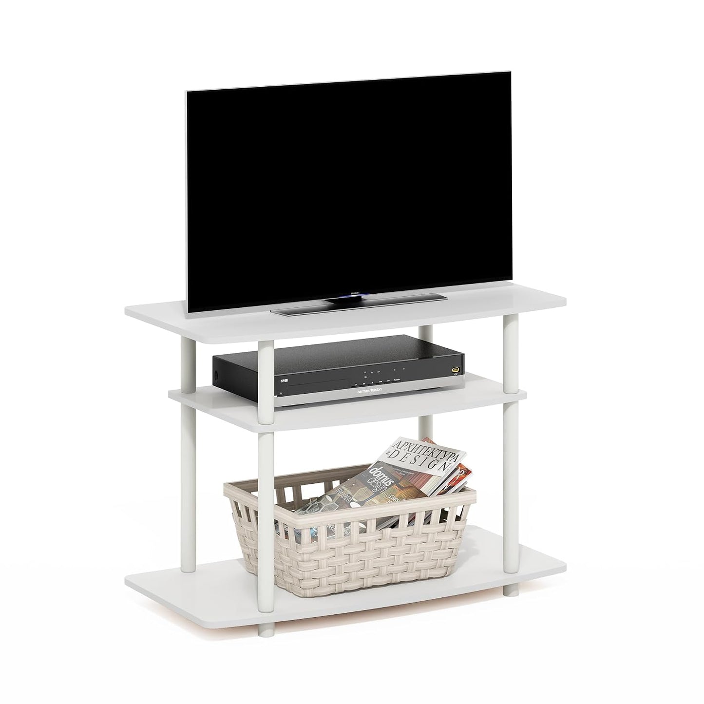 Furinno Turn-N-Tube TV Stand, 3-Tier No Tools Entertainment Center, TV Console for TV up to 32 Inch, for Living Room, Bedroom, White