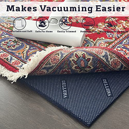 DELLUNA Non-Slip Area Rug Pad 3'x5', 3/8" Thick Double Side Rubber + Felt, Premium Deluxe Cushioned- Safe for All Floors, Adds Comfort and Protection, Ultra Strong Grip, Stop Rug from Moving.