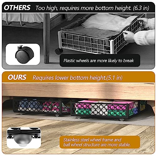 NADAMOO Under Bed Storage with Wheels, Low Profile Rolling Organizer Bins | Ultra-low 5.4" Height, 360° Swivel Casters, Strong Metal Containers Hold Shoes, Clothing, Toys, Dorm & Home Use, 2 Pack