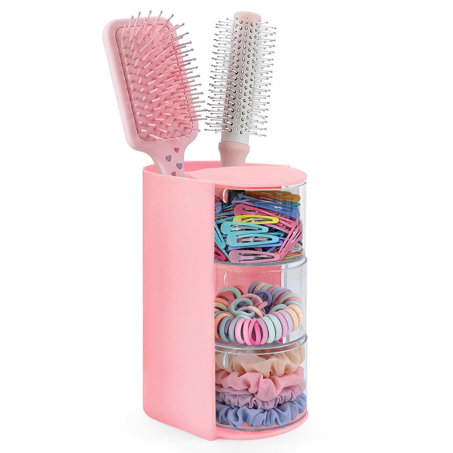 neotidy Hair Accessories Organizer with Hair Brush Holder, Rotating Hair Tie Product Organizer for Girls, 3-Tier Makeup Brush Holder for Clips, Bows & Brushes (Pink, 3-Tier)