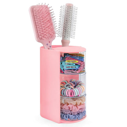 neotidy Hair Accessories Organizer with Hair Brush Holder, Rotating Hair Tie Product Organizer for Girls, 3-Tier Makeup Brush Holder for Clips, Bows & Brushes (Pink, 3-Tier)
