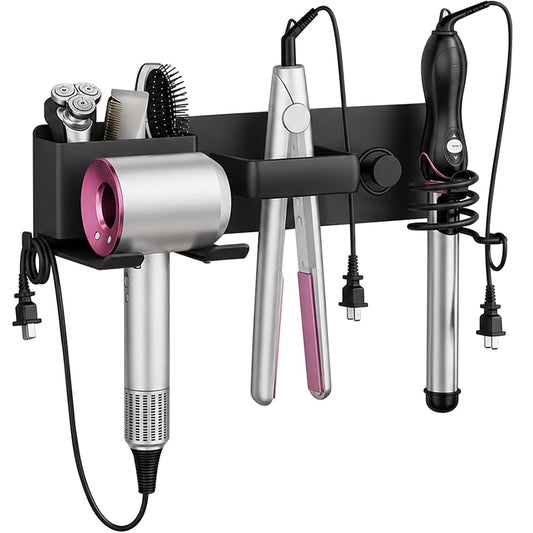 No-Drill Hair Dryer Holder Wall Mount with Storage Compartment for Bathroom | 4-in-1 Hair Tool Organizer, Blow Dryer Holder, Curler & Styler, Aluminum, Cable Mgmt, Space-Saving. Ideal for Bedroom, Salon