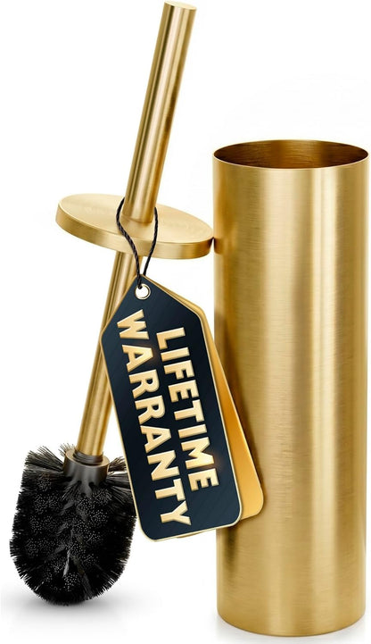 Stainless Steel Toilet Brush and Holder Set, Splash Guard (Gold) | Toilet Bowl Brush and Holder, Removable Inner Bowl, Dense Bristles, Long Handle, Scratch Resistant, for Modern Bathrooms