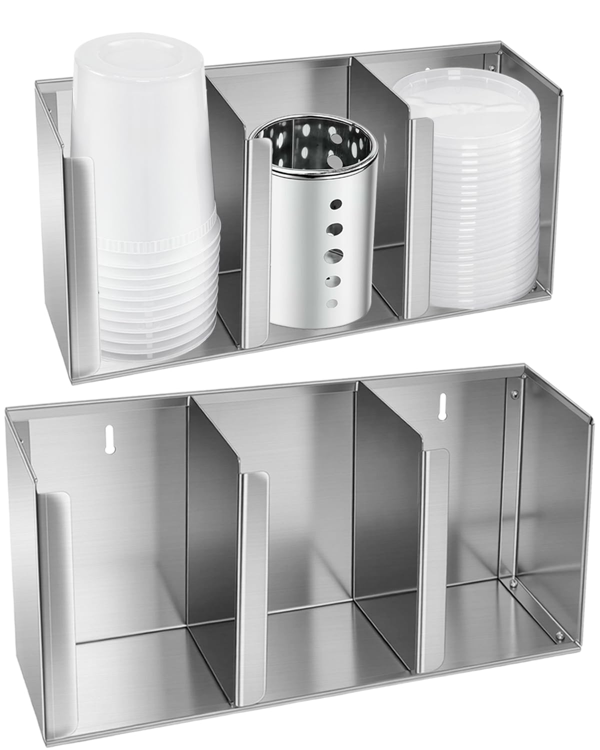 Stainless Steel Cup Dispenser,3 Compartments Cup Holder and Lid Holder with Adjustable Dividers,Cup Organizer for Kitchen Cabinets Cafe Shop Restaurant,Includes Straw Holder