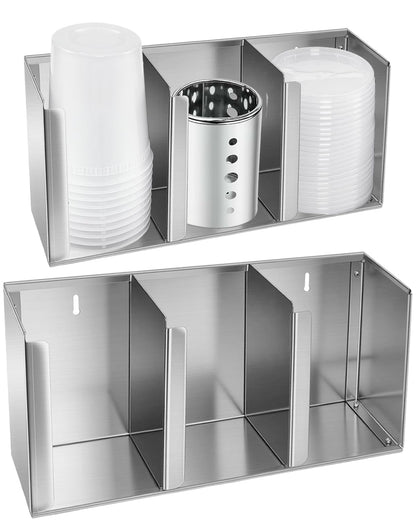 Stainless Steel Cup Dispenser,3 Compartments Cup Holder and Lid Holder with Adjustable Dividers,Cup Organizer for Kitchen Cabinets Cafe Shop Restaurant,Includes Straw Holder
