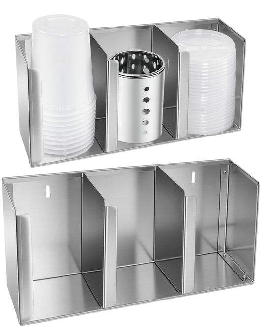 Stainless Steel Cup Dispenser,3 Compartments Cup Holder and Lid Holder with Adjustable Dividers,Cup Organizer for Kitchen Cabinets Cafe Shop Restaurant,Includes Straw Holder