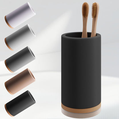 Bamboo Toothbrush Holder Diatomite Tooth Brush Organizer - Storage Stand for Small Bathroom & Counter - Removable Base & Drain Holes, Water-Absorbent & Quick-Drying (Black)