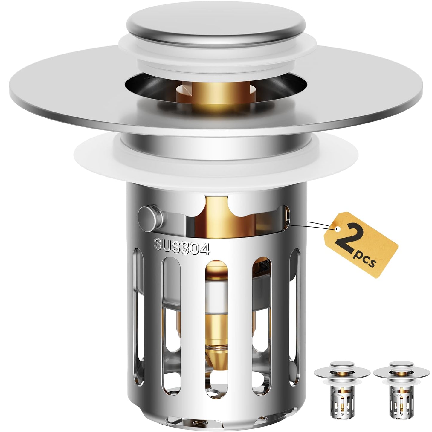 5-in-1 Bathroom Sink Stopper, 2 Pc Pop-Up Sink Drain Strainer with Removable Basket, Anti-Clog Strainer, Odor Blocking & One-Way Flow Design, Brass & Stainless Steel All Metal Made, Fit 1.1"–2.36"