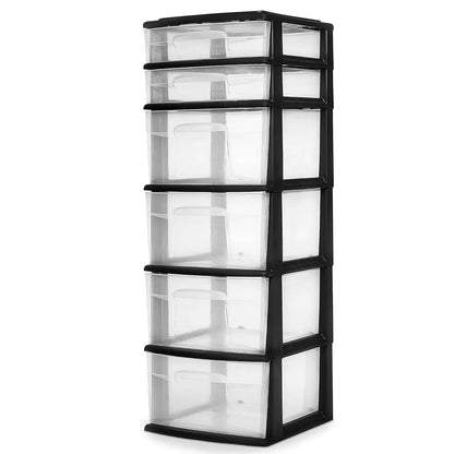 HOMZ Drawer Tower, 6-Tier Storage Cart with Removable Wheels, Black Frame | Plastic Organizer with Clear Bin Drawers for Bedroom, Bathroom, Home Office, and Dorm Rooms