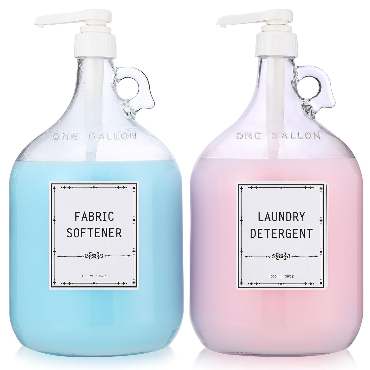 2pcs Glass Liquid Laundry Detergent Dispenser-1 Gallon Glass Pump Bottle Dispensers-Laundry Detergent Dispenser for Fabric Softener, Bleach, Shampoo, Body Wash- Laundry Soap Dispenser