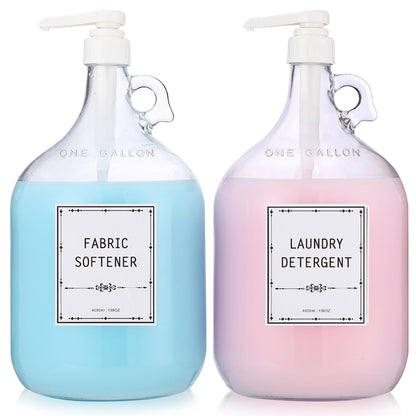 2pcs Glass Liquid Laundry Detergent Dispenser-1 Gallon Glass Pump Bottle Dispensers-Laundry Detergent Dispenser for Fabric Softener, Bleach, Shampoo, Body Wash- Laundry Soap Dispenser