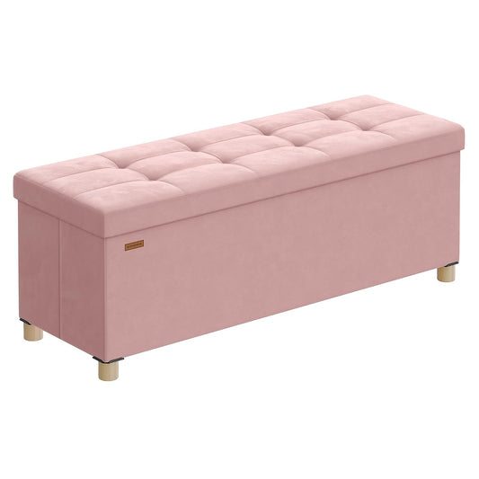 SONGMICS Storage Ottoman Bench, Folding Storage Chest, 15 x 43.3 x 15.7 Inches, Foot Rest Stool, 30 Gal. (112 L), Velvet Surface, for Bedroom, Entryway, Living Room, Jelly Pink ULSF0518R02