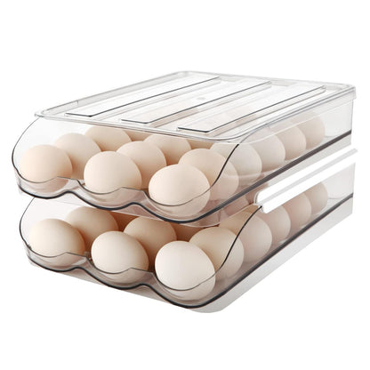 MesRosa Egg Holder for Fridge, Automatic Rolling Container Storage 36 Eggs | Clear Large Capacity Egg Organizer for Refrigerator with Lid, Stackable Dispenser, Tray & Bin, Saving Space -2 Layer