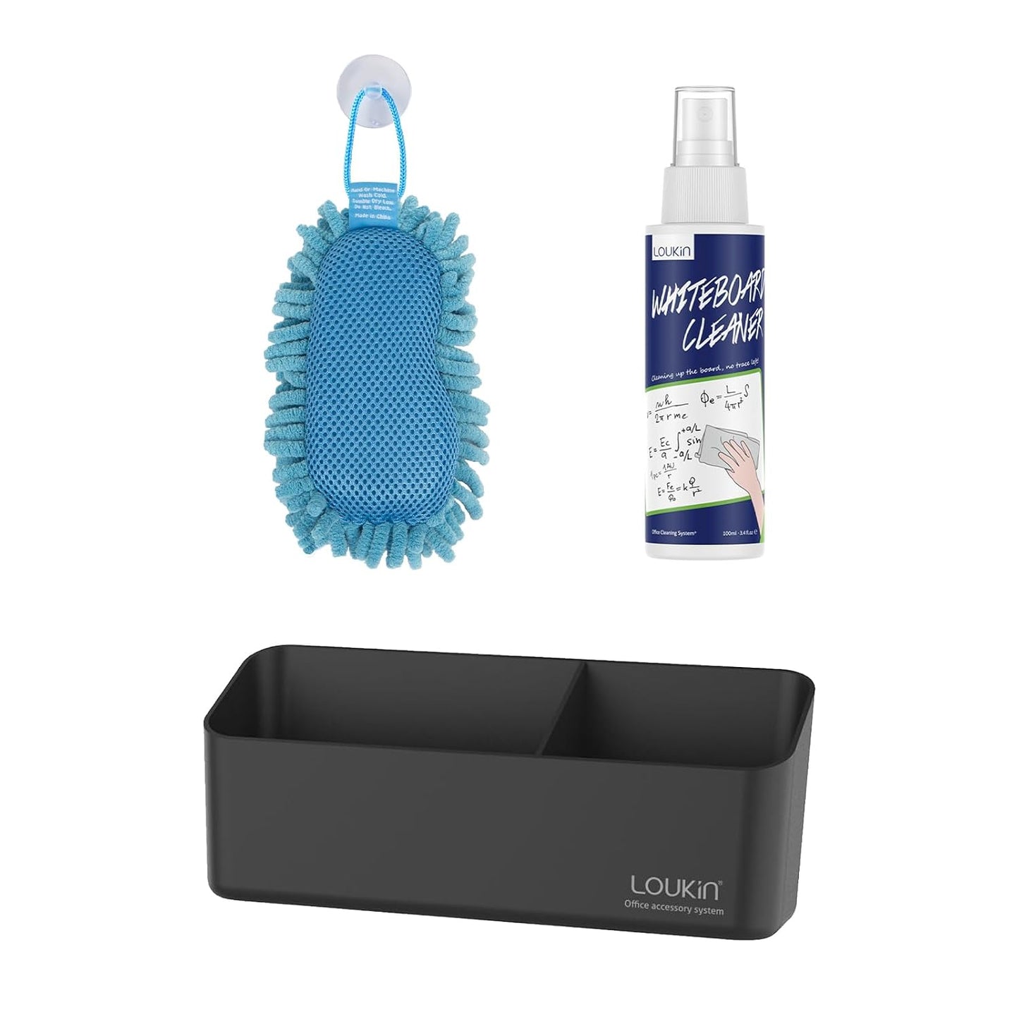 LOUKIN Whiteboard Accessories Bundle | Shag Dry Erase Eraser (Blue) & Whiteboard Cleaner (3.4 fl oz) & Magnetic and Adhesive Marker Holder (Black)