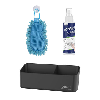 LOUKIN Whiteboard Accessories Bundle | Shag Dry Erase Eraser (Blue) & Whiteboard Cleaner (3.4 fl oz) & Magnetic and Adhesive Marker Holder (Black)
